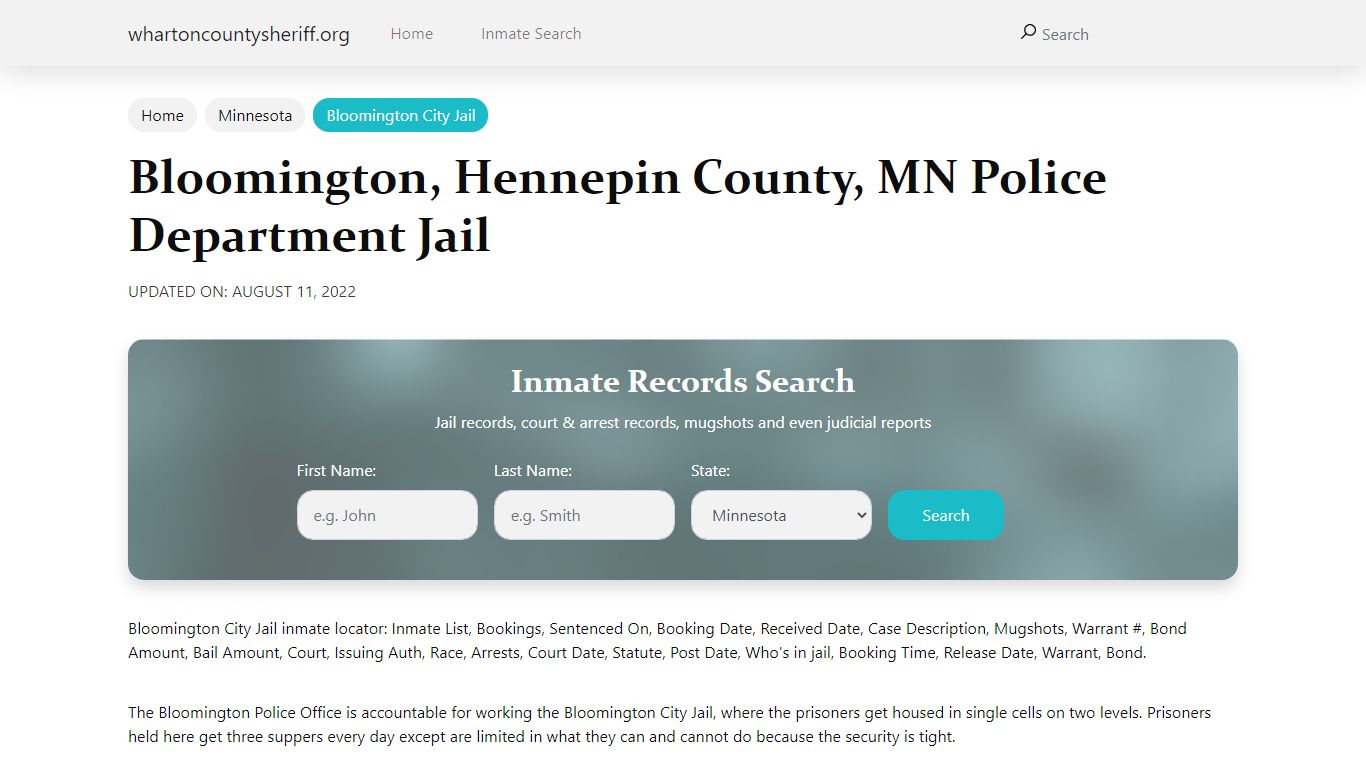Bloomington, MN City Jail Inmates, Arrests - Wharton County Sheriff